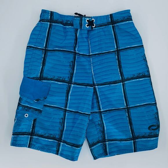 O Rageous Swim Trunks Boy S 14/16 L Blue Plaid Stripe Elastic & Tie Waist Pocket - Picture 10 of 10